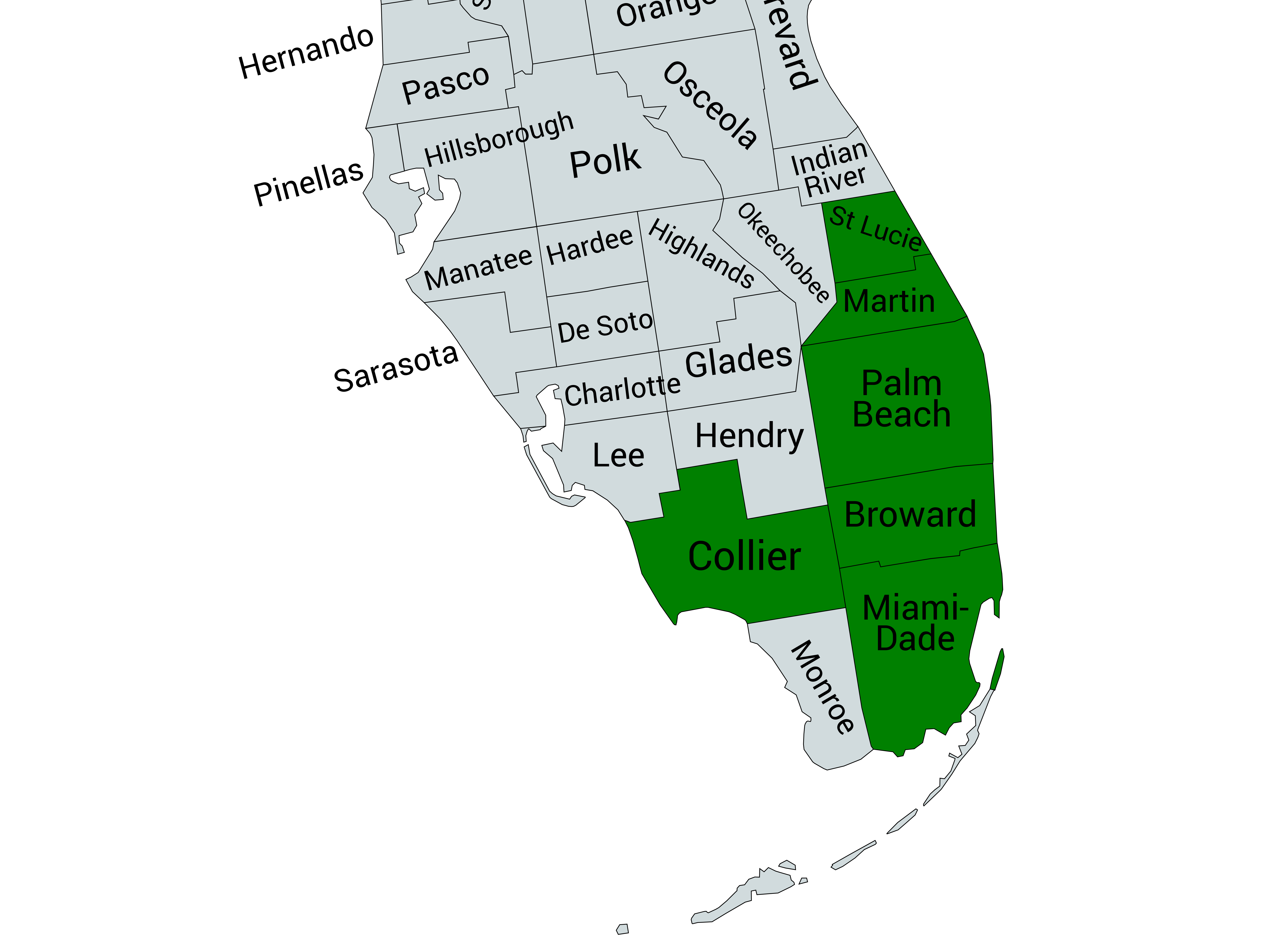 Map showing TWQ Landscaping service areas across Broward, Palm Beach, and Miami-Dade counties in South Florida